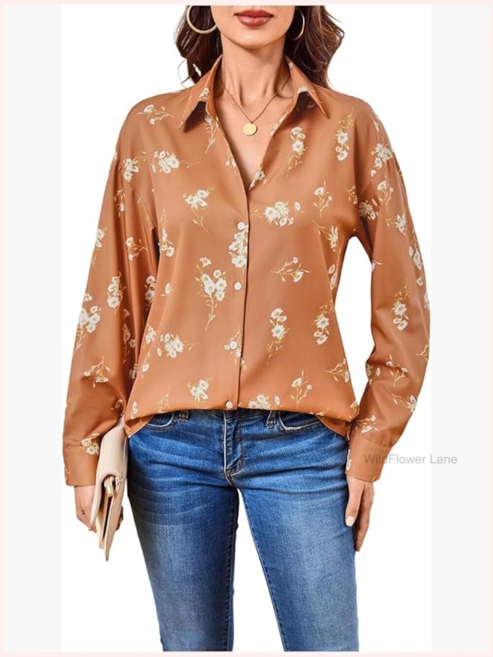 Button Down Shirt Long Sleeve Floral Casual Blouse Work Shirt